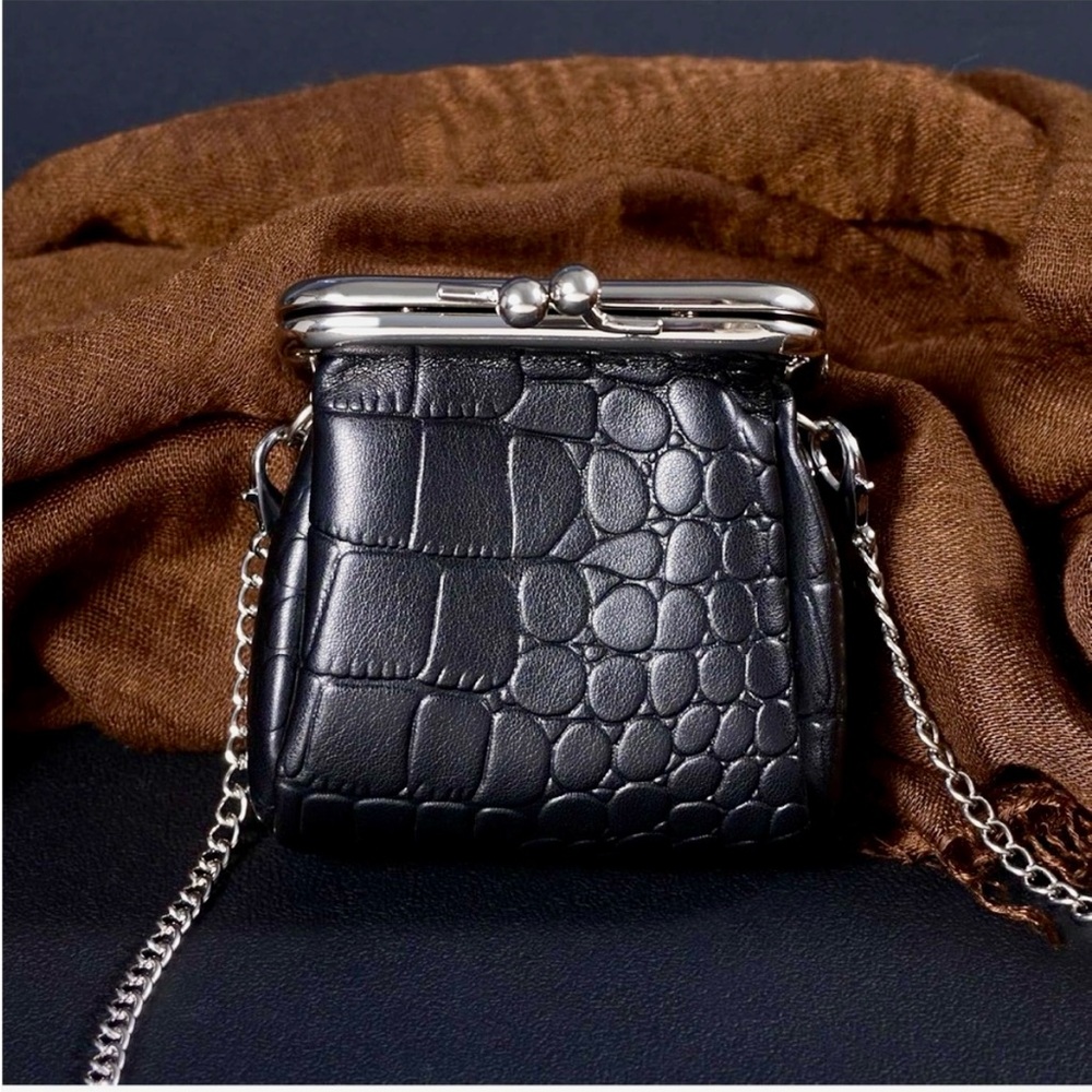 NEW Croc Embossed Mini Kiss Lock Crossbody Bag Chain Strap Black Silver Goth
